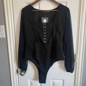 Pretty Little Thing Black Mesh Long Sleeve Corset Goth Bodysuit NWT Women's 16